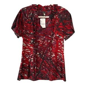 MIA VIA Silk top, sz Medium, red geometric design, flutter sleeves,ruffle collar